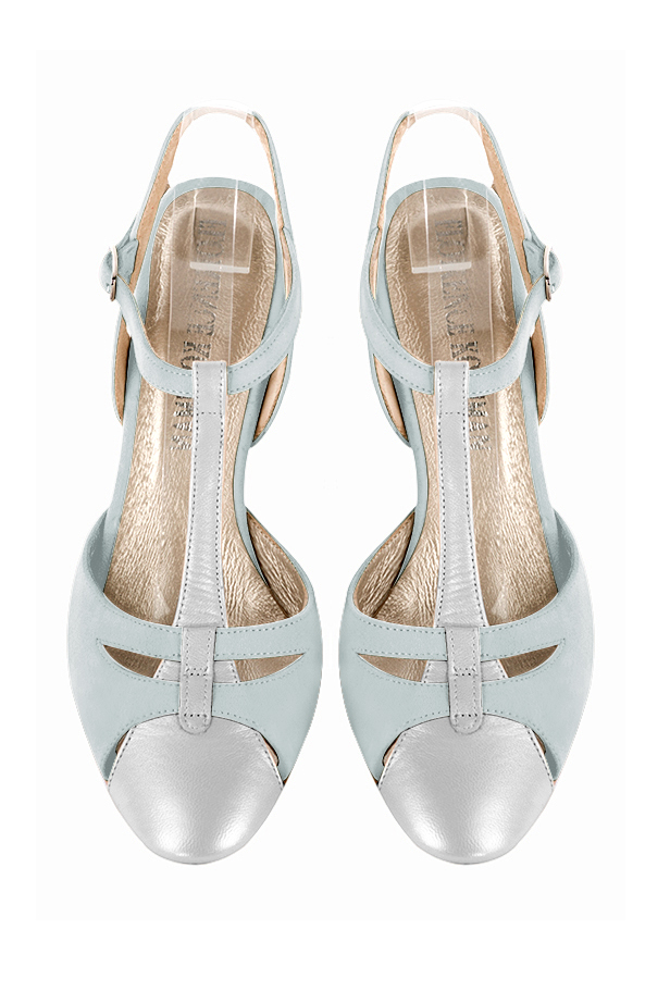 Light silver and pearl grey women's open back T-strap shoes. Round toe. High kitten heels. Top view - Florence KOOIJMAN